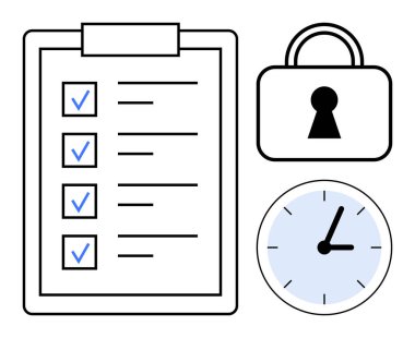 Kontrol listeli pano, mavi işaretler, asma kilit ve saat. Üretkenlik, görev yönetimi, güvenlik, zaman yönetimi organizasyonu planlama listesi için ideal. Satır metaforu