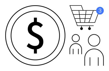 Çemberde dolar sembolü, üç tebligatlı alışveriş arabası ve iki kullanıcı simgesi. E-ticaret, çevrimiçi alışveriş, müşteri ilişkileri, satış, pazarlama, iş stratejisi ve finans için ideal