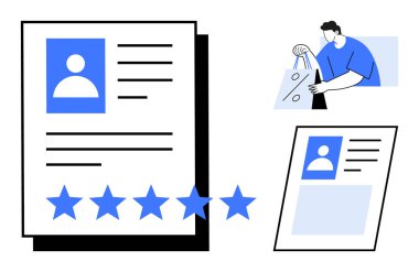 İçinde resim ve metin olan profil belgeleri, bir dizi mavi yıldız ve indirim çantası taşıyan bir müşteri. E-ticaret, müşteri değerlendirmeleri, çevrimiçi alışveriş, pazarlama, kullanıcı geribildirimi, perakende satış için ideal