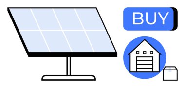 Güneş paneli kurulumu, satın alma düğmesi ve enerji deposu olan bir ev. Yenilenebilir enerji, ev geliştirme, çevre dostu çözümler, çevrimiçi alışveriş, sürdürülebilirlik, enerji tasarrufu ve teknoloji için ideal