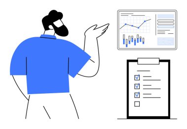 Duvardaki grafiklere ve grafiklere bitişik kontrol listesi panosuyla bakan adam. İş analizi, proje planlaması, veri görselleştirme, iş akışı yönetimi, istatistik genel değerlendirmesi için ideal