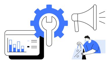 Veri analizi için çizelge, alet edevat ve ingiliz anahtarı pazarlama için megafon, alışveriş torbalı adam. İş, e-ticaret, pazarlama, strateji araçları, perakende veri analizi için ideal. Satır metaforu