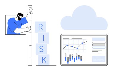 Bir ekranda veri analizi ve bir bulut sembolü eşliğinde RISK 'i bir cetvelle heceleyen istiflenmiş blokları ölçen iş adamı. İş stratejisi, risk yönetimi ve mali analiz için ideal