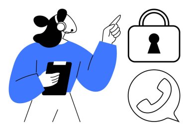 Kulaklık ve not panosuyla kilit ve telefon ikonlarına bakan müşteri destek ajanı. Müşteri hizmetleri, teknik destek, iletişim, veri güvenliği, yardım hattı, uzaktan çalışma, eğitim için ideal. Çizgi