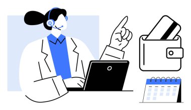 Müşteri desteği dizüstü bilgisayarın üstünde, işaret eden bir işaret, içinde kart ve takvim bulunan bir cüzdan. Çevrimiçi hizmetler, programlama, e-ticaret, ödeme işlemleri, müşteri hizmetleri için ideal