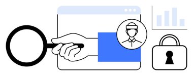El tarayıcı penceresindeki kullanıcı profilini incelemek için büyüteç kullanıyor. Kilit simgesi ve bar çizelgesi eşliğinde. Siber güvenlik, kullanıcı analizi, çevrimiçi mahremiyet, veri koruması ve kullanıcı için ideal