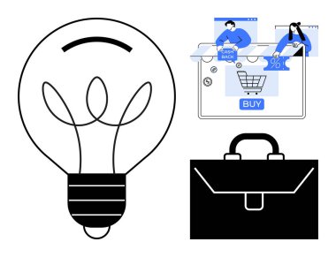 Ampul fikirleri sembolize eder, dizüstü bilgisayarda nakit para ve yüzde sembolü olan alışverişi gösterir, iş için siyah evrak çantası. E-ticaret, iş planlaması, yenilik, girişimcilik için ideal