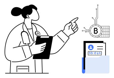 Elinde dosya olan doktor tıbbî kayıtları engelleme teknolojisiyle analiz ediyor. Sağlık, engelleme zinciri, dijital güvenlik, tıbbi teknoloji ve hasta verileri ile ilgili konular için ideal