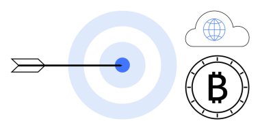 Ok hedefi mavi eşmerkezli dairelerle vuruyor, bulut sembolü küreyle, Bitcoin sembolü.. Ticari hedefler, hedefler, bulut hesaplama, kripto para birimi, finans, teknoloji için ideal