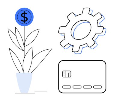 Maddi büyümeyi simgeleyen dolar tabelası, ayarları ya da endüstriyi temsil eden bir dişli ve finansmanı ön plana çıkaran bir kredi kartı. Yatırım, bankacılık, mali planlama, iş ortamları için ideal