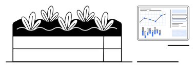 Beş bitkisi olan bir bahçe yatağı, büyüme istatistikleri ve sezgileri gösteren bir veri tablosunun yanında. Tarım analizleri, tarım verimliliği, büyüme izlemesi, ekin yönetimi, çevre çalışmaları için ideal
