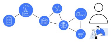 Pano, fabrika, depo, uçak, dünya, kamyon, alışveriş arabası ve kişiyi gösteren ikonlar ağı. Lojistik üretimi için ideal küresel dağıtım tedarik zinciri perakende satış