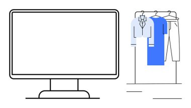 Pantolon, mavi gömlek ve ceketli giyim mağazasının yanındaki masaüstü monitörü. Çevrimiçi alışveriş, moda perakende, e-ticaret, dijital giyim mağazaları, web geliştirme, çevrimiçi pazarlama ve kullanıcı için ideal