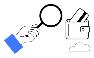Cüzdanında kredi kartı bulunan bir büyüteçle el ele tutuşmak, yanında da bir bulut. Finans, güvenlik, kişisel finans, bankacılık, dolandırıcılık tespit, bütçe belirleme, analitik içgörüler için ideal