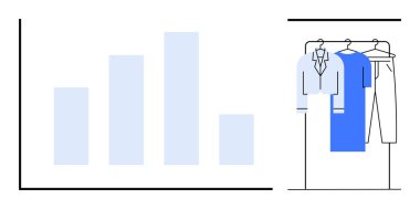 Satış verilerini ve moda eğilimlerini temsil eden askılardaki kıyafetlerin yanında bar grafik. Perakende analizi, moda ticareti, piyasa araştırması, envanter yönetimi, e-ticaret, iş dünyası için ideal