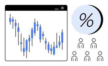 Mavi şamdanlar, büyük yüzdelik semboller ve insanları resmeden altı figürlü izleme pencereleri ile ticaret grafiği. Mali analiz, yatırım tartışması, borsa eğitimi ve veriler için ideal
