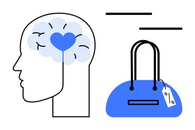 Human head outline with a heart-shaped brain beside a blue handbag with a price tag. Ideal for psychology, consumer behavior, marketing, retail, mental health, shopping habits, and emotional clipart