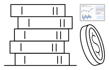 Bir yığın kitap, üzerinde dolar işareti olan bir bozuk para, ve grafikler ve veriler olan bir finansal tablo. Finans, eğitim, yatırım, ekonomi, işletme, akademik çalışmalar, kariyer büyümesi için idealdir. Satır metaforu
