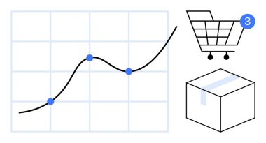 Artışı gösteren çizgi grafik, tebligatlı alışveriş arabası, ve online satış ve lojistiği öneren nakliye kutusu. E-ticaret, satış takibi, iş büyümesi ve veri için ideal