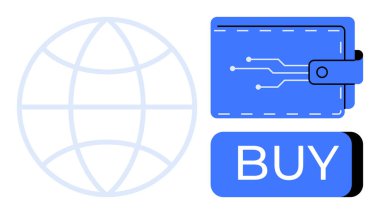 Dijital bir cüzdan ve önemli bir satın alma düğmesinin yanında bir dünya. Çevrimiçi alışveriş, e-ticaret, dijital işlemler, küresel ödemeler, fintech çözümler, dijital para birimi, güvenli ödemeler için ideal. Çizgi