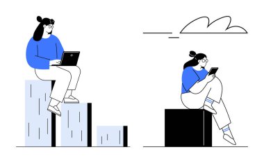 Çubuk grafik çubuklarında oturan kadınlar odaklanmış ve kararlı dizüstü bilgisayarlar kullanıyorlar. Çalışma, eğitim, üretkenlik, uzaktan çalışma, teknolojik güçlendirme, istatistiksel büyüme ve modern için ideal