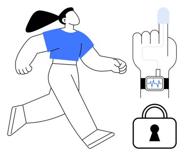 Parmak izi sensörü ve kilit yakınlarda görülürken akıllı hareket eden bir kadın. Fitness, sağlık izleme, dijital güvenlik, biyometrik, gizlilik, modern teknoloji, kullanıcı denetimi için ideal