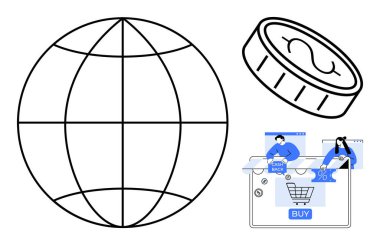 Küre, para ve sanal platformlarda online alışveriş yapan insanlar. E-ticaret, dijital pazarlama, küresel iş, çevrimiçi ödemeler, mali işlemler, web geliştirme uzaktan kumandası için ideal