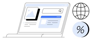 Arama çubuğu, resim yer tutucu ve metin kutularıyla dijital içeriği gösteren dizüstü bilgisayar. Yanında, dünya ve yüzde simgeleri var. Çevrimiçi tarama, web geliştirme, dijital pazarlama için ideal