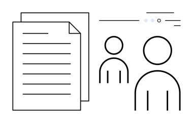 Metin ve iki kullanıcı simgesi olan bir belgenin basitleştirilmiş satır çizimleri. İş süreçleri, belgeler, kullanıcı etkileşimleri, takım iletişimi, yönetim, dijital iş akışları ve proje için ideal