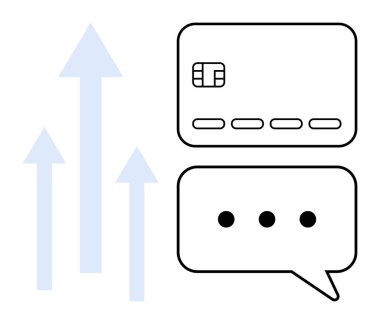 Üç yükselen okun yanında sohbet baloncuğu olan kredi kartı. Finans, güvenlik, müşteri desteği, çevrimiçi bankacılık, işlemler, büyüme ölçümleri, dijital iletişim için ideal. Satır metaforu