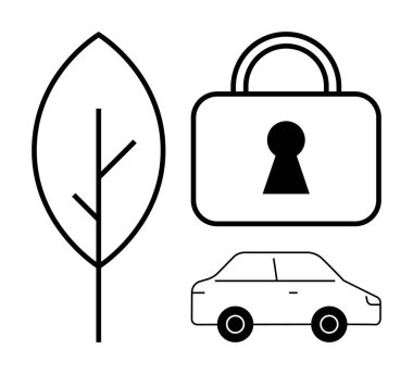 Sketch of a car, leaf, and padlock with keyhole. Ideal for automotive, environmental, security, technology, transportation green living sustainability. Line metaphor clipart