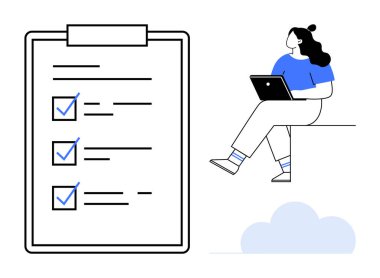 Dizüstü bilgisayarlı bir kadın, üç mavi kutulu büyük bir listenin yanında oturuyor. Üretkenlik, görev yönetimi, organizasyon, iş hayatı dengesi, planlama, verimlilik ve dijital iş akışı için ideal