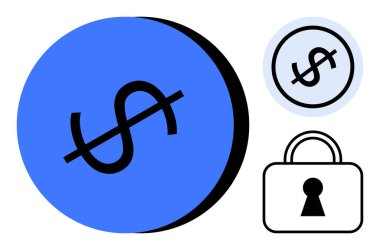 Üç element arasında dolar sembollü büyük mavi bir daire, aynı sembollü küçük bir daire ve güvenlik kilidi var. Finans, güvenlik, bankacılık, yatırım, ekonomi, siber güvenlik mahremiyeti için ideal