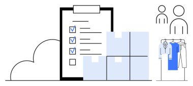 Mavi işaretli kontrol listesi, bulut, kutu, elbise askılığı ve çöp adam. Lojistik, envanter, depo yönetimi organizasyonu, perakende ekip çalışması ve verimlilik için ideal. Çizgi