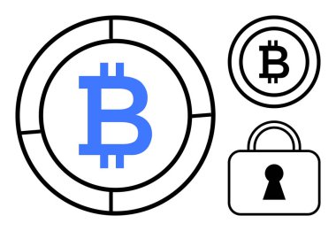Anahtar delikli bir asma kilidin yanında iki dairesel simgede Bitcoin sembolü. Dijital para birimi, engelleme teknolojisi, mali güvenlik, çevrimiçi işlemler, fintech, yatırım stratejileri için ideal