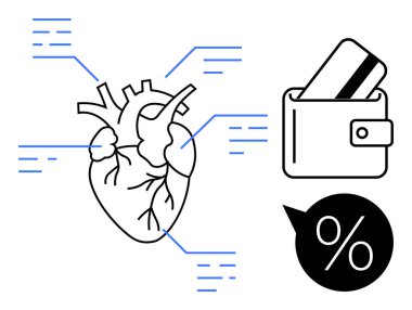 Mavi etiketli insan kalbi şeması, kredi kartlı cüzdan ve konuşma yüzdesi baloncuklu. Sağlık, finans, tıp eğitimi, parasal sağlık, bütçe, ekonomi eğitimi için ideal