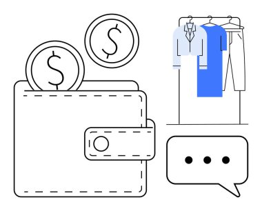 Para dolu cüzdan, askıda giysiler ve elips şeklinde konuşma balonu. E-ticaret, finans, çevrimiçi alışveriş, dijital ödeme, giyim mağazaları müşteri hizmetleri ve perakende için ideal. Çizgi
