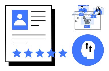 Yıldız reytingli müşteri profili, teşvikli online alışveriş arabası ve yükselen oklarla baş. Ecommerce, müşteri geribildirimi, ürün değerlendirmeleri, kullanıcı değerlendirmeleri, çevrimiçi alışveriş, pazar değerlendirmeleri için ideal