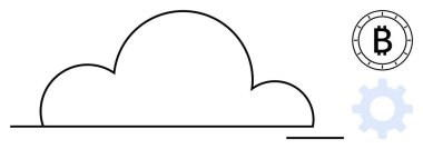 Siyah bulut çizgisi, bozuk para sembolü, mavi vites simgesi. Bulut hesaplama, kripto para birimi, blok zinciri, fintech, dijital teknoloji, veri depolama, yazılım geliştirme için ideal. Satır metaforu