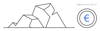 Soyut geometrik dağlar, avro para birimi sembolü ve minimalist kullanıcı arayüzü elementlerinin bulunduğu bir çemberin yanına çiziliyor. Finans, doğa, teknoloji, ekonomi ve dijital arayüzler için ideal