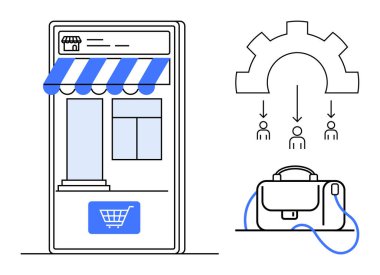 Mağaza önü tente ve alışveriş arabası tuşu, kullanıcılara bağlı vites mekanizması, profesyonel evrak çantası ile birlikte akıllı telefon ekranı görüntüleme arayüzü. E-ticaret ve iş için ideal.