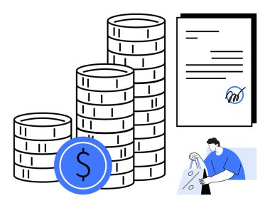 İmzalı bir belgenin ve alışveriş çantası taşıyan birinin yanına para yığılmış. Finansal okur yazarlık, bankacılık, sözleşme anlaşmaları, ticari işlemler, alışveriş, kişisel finans, ekonomik