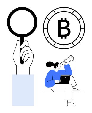 Elde büyüteç, saatin içinde Bitcoin sembolü, dizüstü bilgisayarlı teleskop kullanan bir kadın. Mali analiz için ideal, kripto para birimi eğilimleri, yatırımlar, piyasa araştırmaları, stratejik