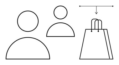 Bir ok ile alışveriş torbasına bağlı iki kullanıcı simgesi. Çevrimiçi iş, e-ticaret, müşteri seyahati, satış stratejisi, pazarlama, kullanıcı ilişkileri, tüketici davranışları için ideal. Satır metaforu
