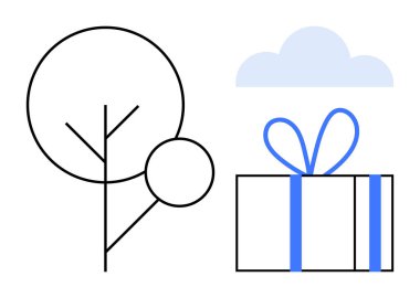 Mavi kurdeleli hediye kutusunun yanında minimalist ağaç ve açık mavi bulut altında eğilmek. Doğayla ilgili hediyeler, kutlamalar, tatiller, tebrik kartları, çevre dostu mesajlar, basitlik