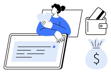 Kalp kucaklayan bir kadın, kredi kartı olan bir cüzdan, büyük bir tablet ekranı ve dolar işaretli bir para çantası. Finans, bankacılık, çevrimiçi işlemler, güvenlik yatırımları kişisel finansman için idealdir. Çizgi