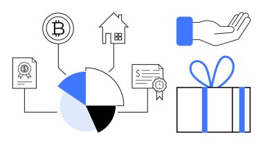Turta şeması dağıtımı Bitcoin, gayrimenkul ve sertifikaların yanı sıra açık bir el ve hediye kutusu. Yatırım, finans, varlık yönetimi, portföy çeşitlendirmesi için ideal