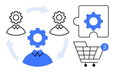 İşbirlikçi bir döngüde dişli başlı üç kişi, teçhizatlı yapboz parçası, üç tebligatlı alışveriş arabası. Takım çalışması, iş akışı, proje yönetimi, iş stratejisi ve teknoloji için ideal