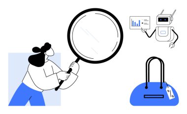 Elinde büyüteç tutan bir kadın verileri inceliyor robot çizelgeyi sunuyor ve üzerinde fiyat etiketi olan mavi bir çanta. Veri analizi, teknoloji, online alışveriş, e-ticaret, yapay zeka, perakende