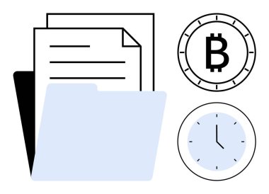 İçinde belgeler, Bitcoin sembolü ve saat olan klasör. Organizasyon, finans, zaman yönetimi, kripto para birimi, dijital varlıklar, iş planlaması, üretkenlik çizgisi metaforu için ideal